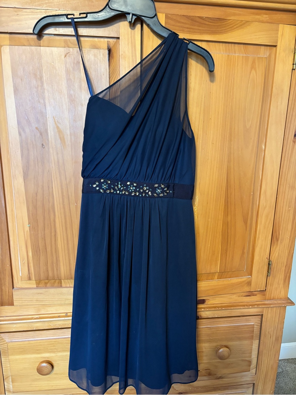 Adrianna Papell Navy One-Shoulder Chiffon Dress with Beaded Waist